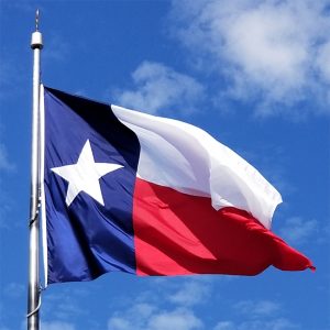 The Texas state flag waving against a blue sky.