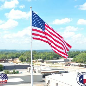 American flag waving over industrial buildings.