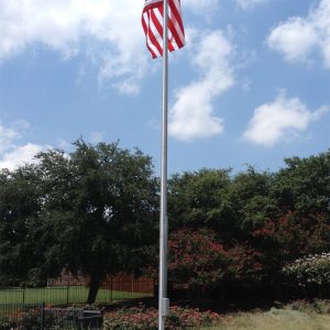 American flag on a tall pole against a blue sky with trees.