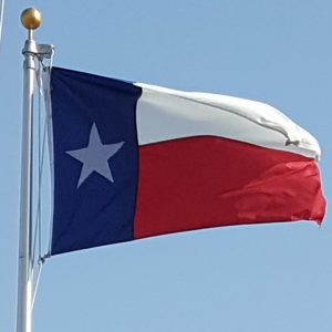The Texas state flag waving against a clear blue sky.