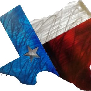 Texas state shape with Lone Star and flag colors.