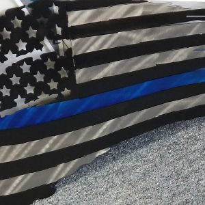 A black and white American flag with a blue stripe.