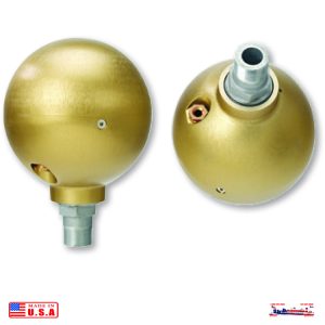 Two golden spherical objects with threaded connectors on a white background.