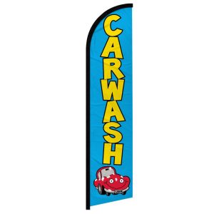 Tall turquoise carwash banner featuring cartoon red car
