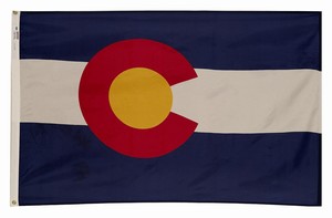 Flag with a red 'C' and yellow circle on blue and white stripes.