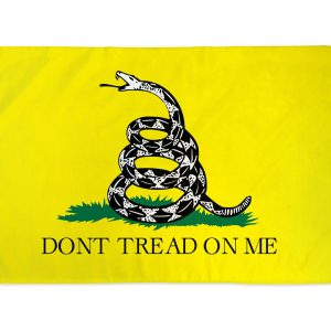 Yellow flag with coiled rattlesnake and 'DON'T TREAD ON ME' text.
