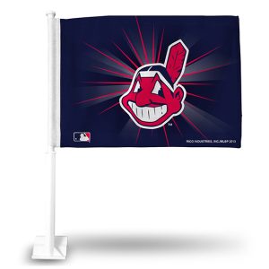A car flag featuring the Cleveland Guardians logo on a dark background.