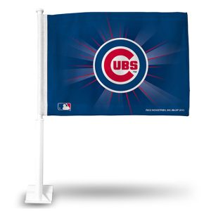 Chicago Cubs logo on a car flag with a blue background.