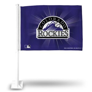 Colorado Rockies flag with team logo on purple background.