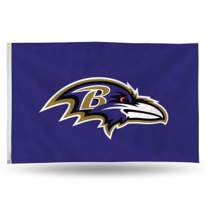 Baltimore Ravens logo on a purple flag.