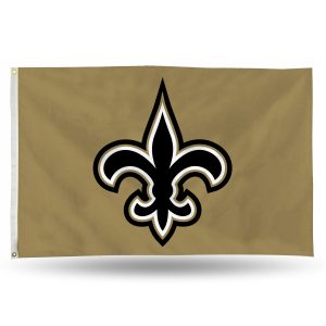 Gold flag with a black and white fleur-de-lis emblem.