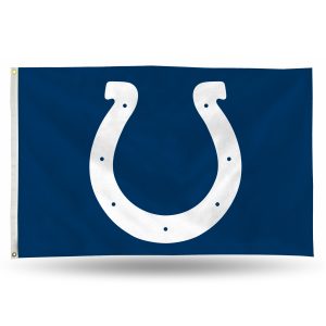 Blue flag with a white horseshoe emblem in the center.