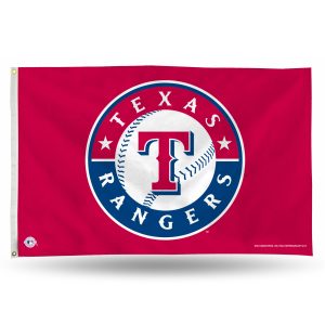 Texas Rangers flag with team logo on red background.
