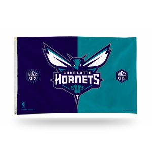 Charlotte Hornets flag with teal and navy halves and logo.
