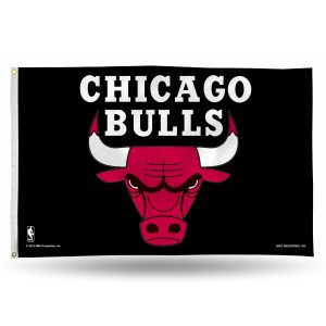 Chicago Bulls flag with bold logo and text on black background.