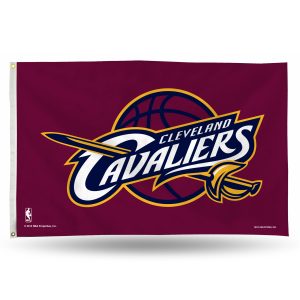 Cleveland Cavaliers basketball team flag with logo on burgundy background.