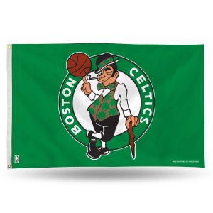 Boston Celtics logo with leprechaun mascot on green background.