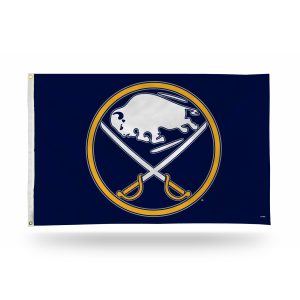 Buffalo Sabres logo flag with crossed hockey sticks on dark background.