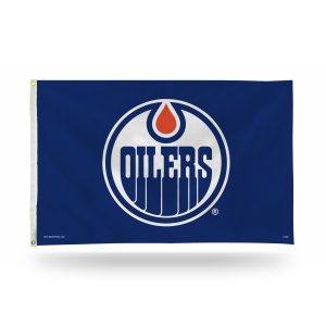 Blue flag with the Edmonton Oilers hockey team logo.