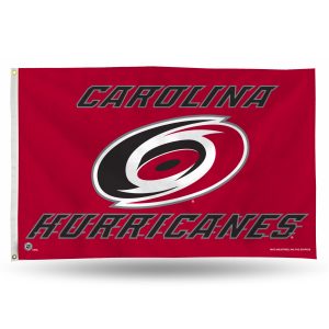 Red Carolina Hurricanes flag with logo and text.