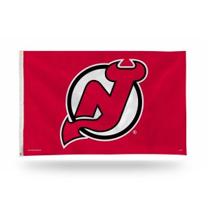 A red flag featuring the New Jersey Devils NHL hockey team logo.