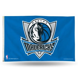 Blue Dallas Mavericks flag with team logo and mascot.