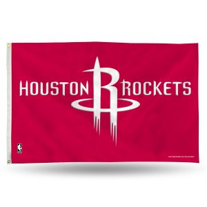 Red Houston Rockets flag with team logo and name.