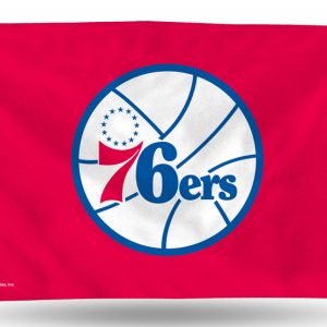 Philadelphia 76ers logo on a red background.