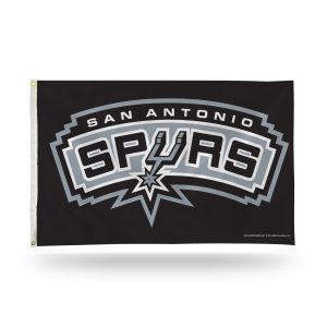 Black San Antonio Spurs flag with team logo.