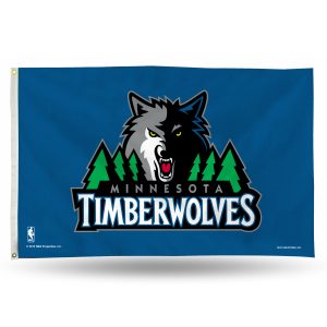 Timberwolves logo with a fierce wolf and pine trees on a blue background.