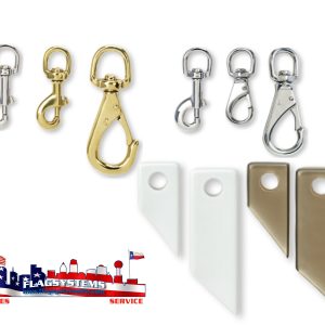 Various metal swivel snap hooks and bracket plates in different finishes.