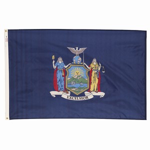 Flag of New York State with state coat of arms on a blue background.