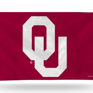Red flag with white OU logo of University of Oklahoma.