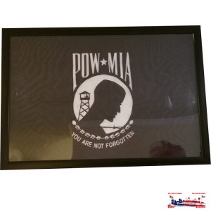 Framed POW-MIA flag symbol with silhouette and barbed wire.