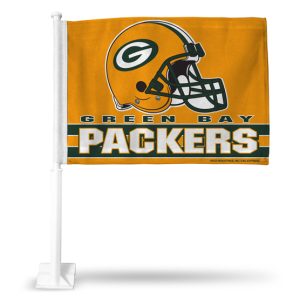 Green Bay Packers flag with helmet and team name on orange background.