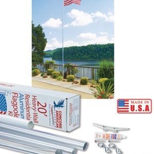 American flag and flagpole kit by a lakeside with hills in the background.