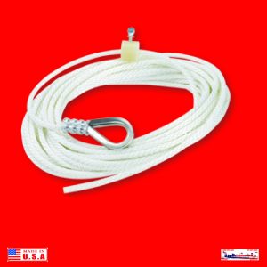 White rope with metal loop and hook on a red background.