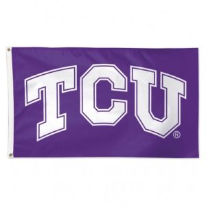 Purple flag with large white letters spelling 'TCU'.