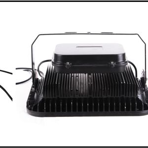 A black LED floodlight with a white top and attached power cable.