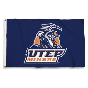 UTEP Miners flag with mascot holding pickaxe.