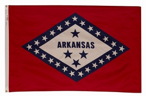 The Arkansas state flag with a red background and diamond-shaped emblem.