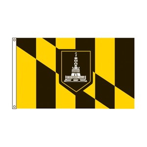 Flag with black and yellow geometric patterns and a central emblem.