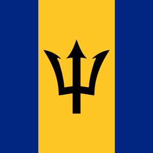 Flag of Barbados with a trident symbol.