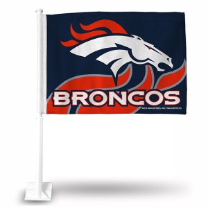 Denver Broncos car flag with team logo and flames.