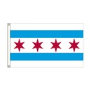 Flag with four red six-pointed stars and blue stripes.