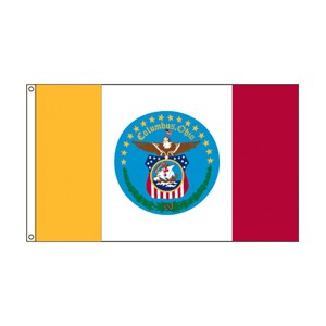 Flag with vertical stripes and a central military emblem.