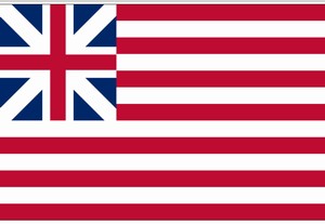 Historical flag with British Union Jack and red stripes.