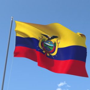 The national flag of Ecuador waving against a clear blue sky.