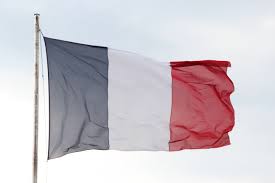 The French flag waving outdoors against a clear sky.