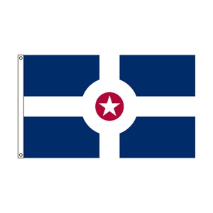 A flag with blue and white stripes and a central red star in a white circle.